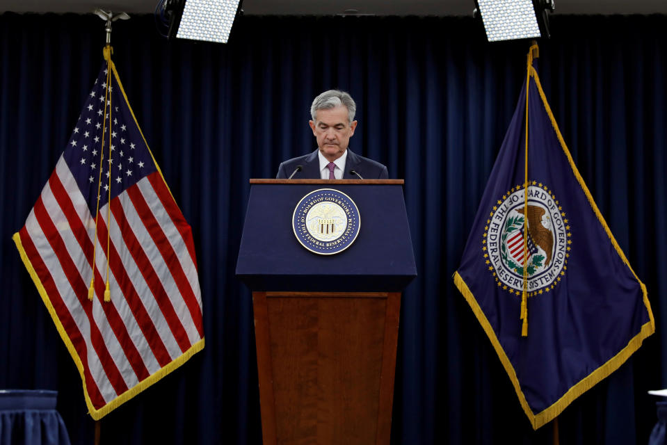 Federal Reserve Board Chairman Jerome Powell speaks at his news conference after the two-day meeting of the Federal Open Market Committee (FOMC) on interest rate policy in Washington, U.S., June 13, 2018. REUTERS/Yuri Gripas/File Photo