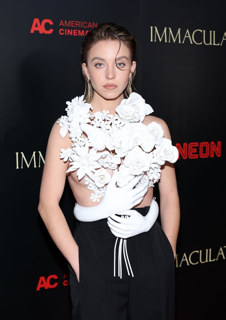 Press tours and red carpet appearances are really photoshoots, said Chernyaev, so it doesn’t matter if the garments are practical or functional as long as it is compelling in an image meant to market whatever movie, show or media the A-lister is promoting. Here, Sydney Sweeney is attending the premiere of “Immaculate.” Getty Images