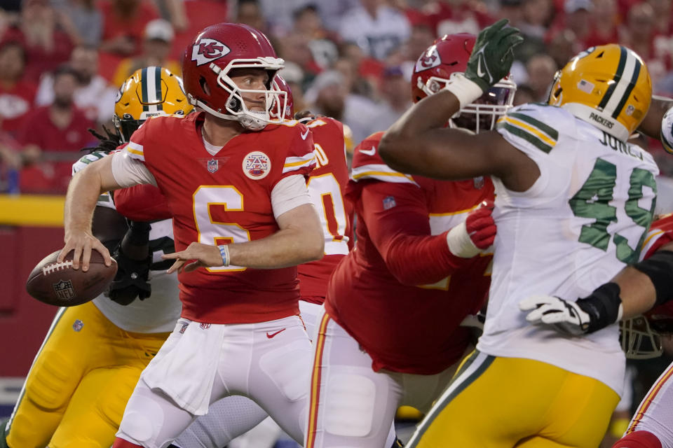 Kansas City Chiefs quarterback Shane Buechele throws during the first half of an NFL preseason football game against the Green Bay Packers Thursday, Aug. 25, 2022, in Kansas City, Mo. (AP Photo/Ed Zurga)