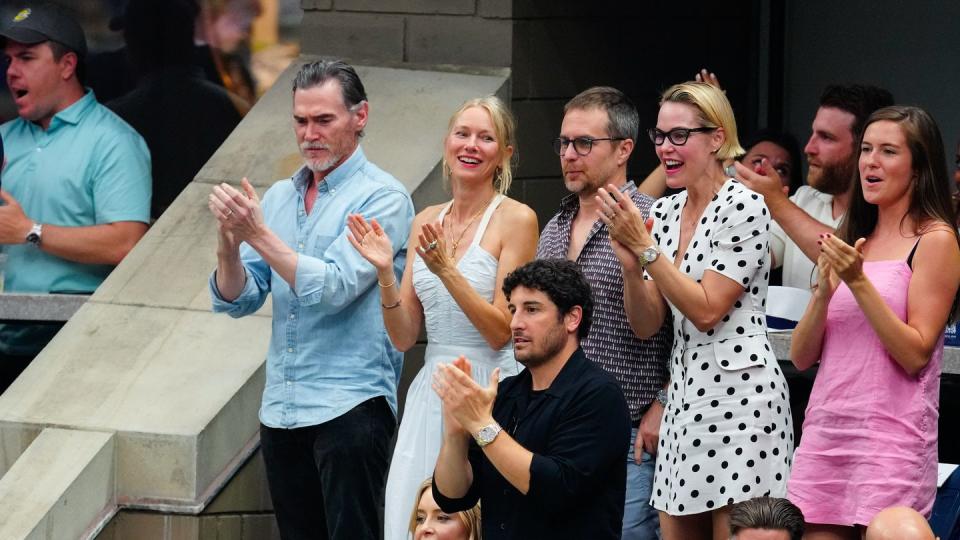 new york, new york september 09 billy crudup, naomi watts, sam rockwell, leslie bibb are seen at the final game with coco gauff vs aryna sabalenka at the 2023 us open tennis championships on september 09, 2023 in new york city photo by gothamgc images