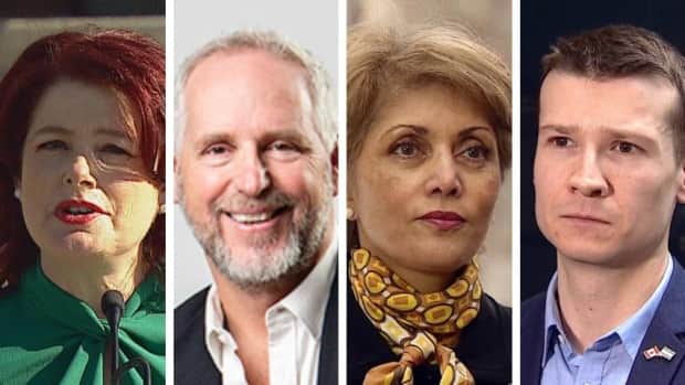 The race to be the next mayor of Calgary is heating up, with 14 candidates now in the running. Pictured are four of those candidates, from left to right, Jan Damery, Zane Novak, Jyoti Gondek and Jeromy Farkas.  (CBC, Zane Novak/Facebook, CBC, CBC - image credit)