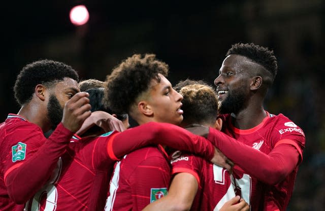 Liverpool’s Divock Origi celebrates scoring his first goal in a year