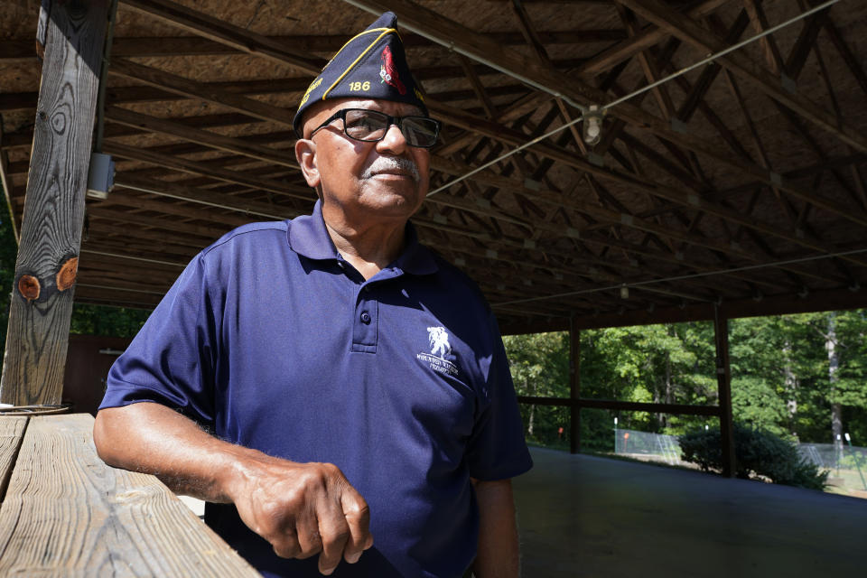 Army veteran Willie Ransom poses at the American Legion Lodge named after his son, Air Force Major Charles Ransom in Midlothian, Va., Thursday, May 27, 2021. The younger Ransom was among eight U.S. Airmen killed when an Afghan military pilot opened fire at the Kabul airport in 2011. (AP Photo/Steve Helber)