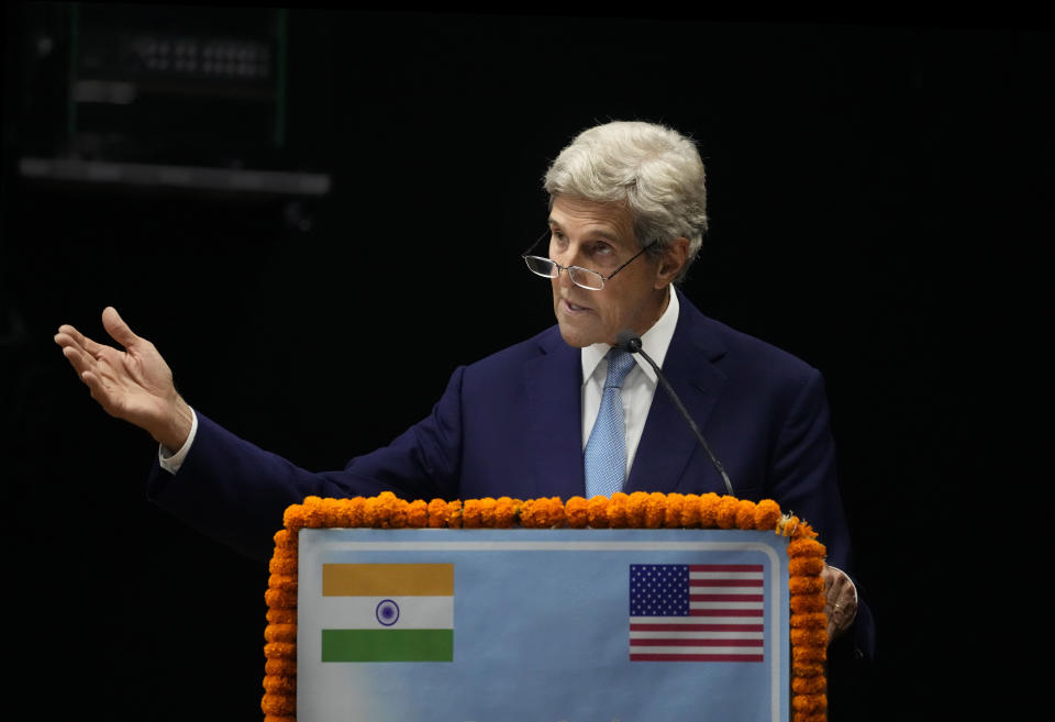 U.S. Special Presidential Envoy for Climate John Kerry speaks at the launch of Climate Action and Finance Mobilisation Dialogue (CAFMD) under India-US Agenda 2030 Partnership in New Delhi, India, Monday, Sept.13, 2021. India and the United States Monday launched the partnership to fight climate change and speed up India’s transition to clean energy. (AP Photo/Manish Swarup)