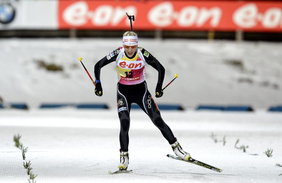 Winner Kaisa Makarainen of Finland in action during the women's 7,5 km sprint competition at the IBU World Cup Biathlon in Kontiolahti, Finland, Thursday March 13, 2014. (AP Photo/Heikki Saukkomaa, Leutikuva) FINLAND OUT