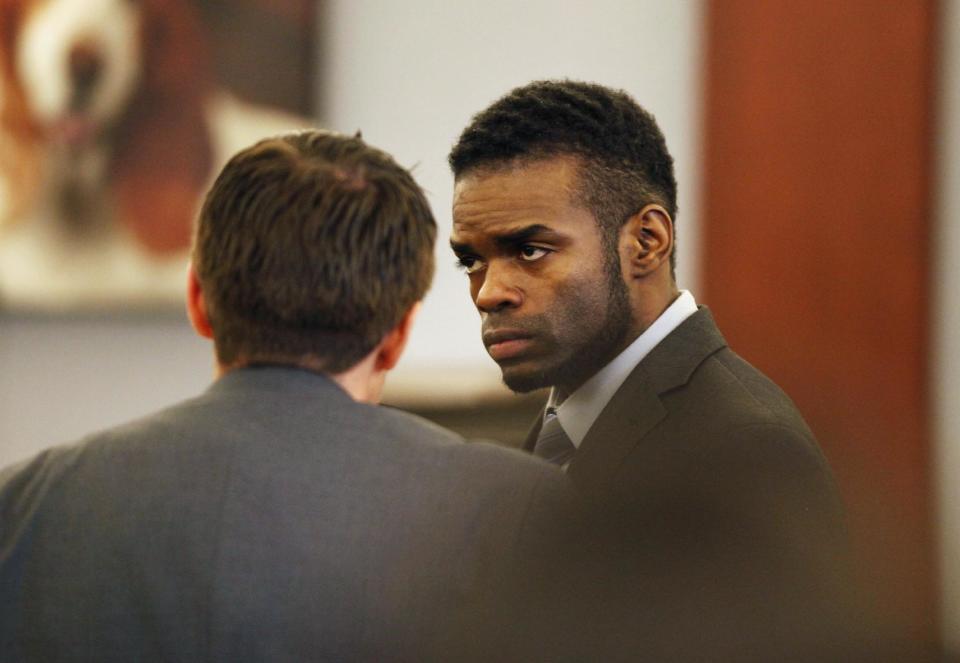 Jason Omar Griffith appears in court during his trial at the Regional Justice Center Thursday, May 8, 2014, in Las Vegas. Griffith is accused of murdering Luxor "Fantasy" dancer Deborah Flores Narvaez in December 2010. (AP Photo/Las Vegas Review-Journal, John Locher) LOCAL TV OUT; LOCAL INTERNET OUT; LAS VEGAS SUN OUT