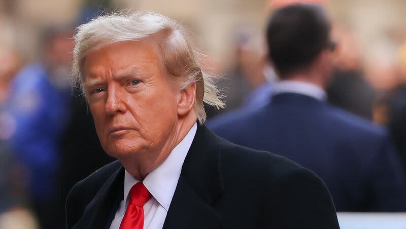 Former President Donald Trump arrives for a press conference at 40 Wall Street after a pre-trial hearing at Manhattan criminal court, Monday, March 25, 2024, in New York. On Tuesday, March 26, 2024, Judge Juan M. Merchan, the judge overseeing Trump’s criminal case in New York City, issued a gag order on the Republican presidential front-runner.