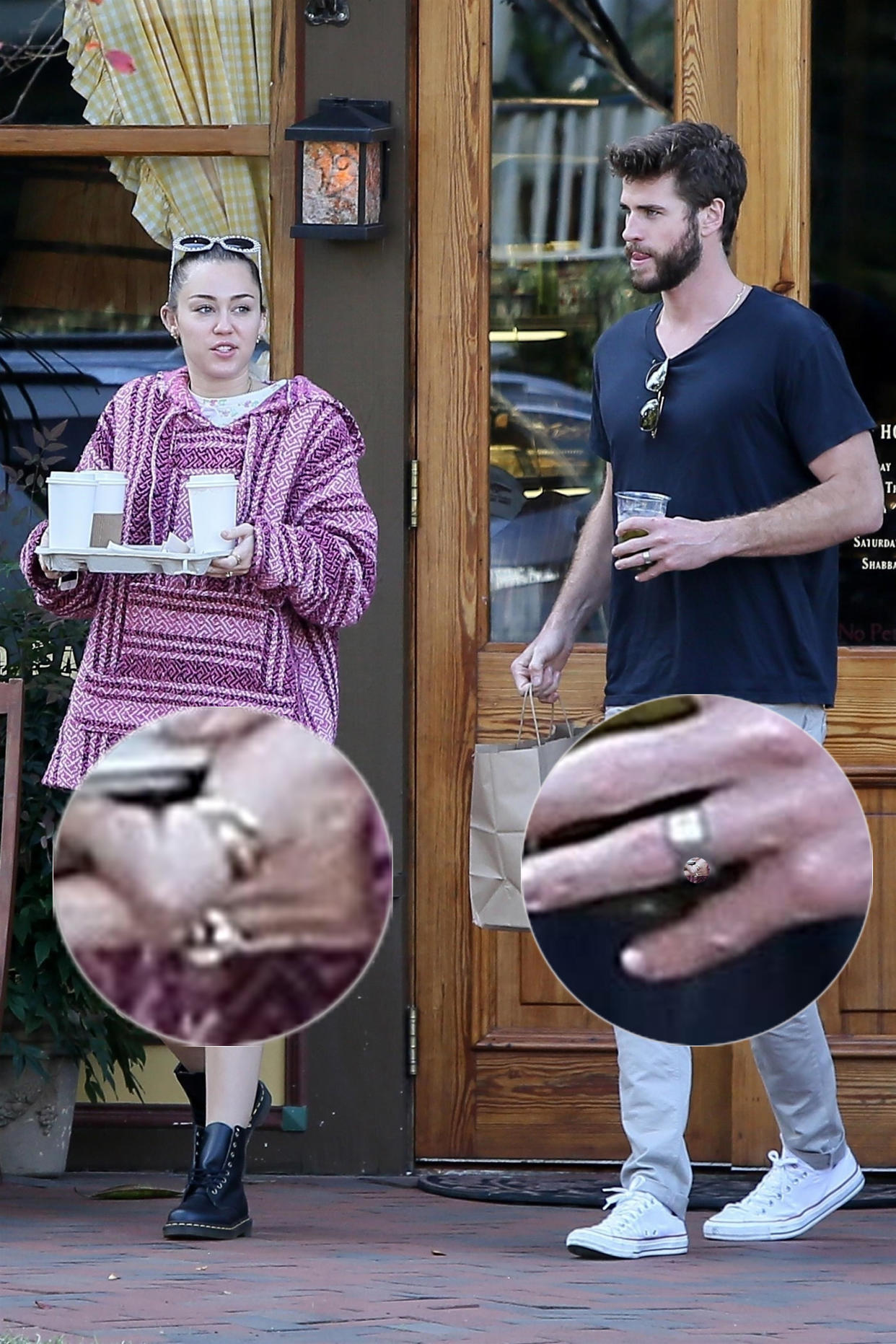 Miley Cyrus and Liam Hemsworth stop to pick up coffees while wearing what look like wedding bands. (Photo: BackGrid)