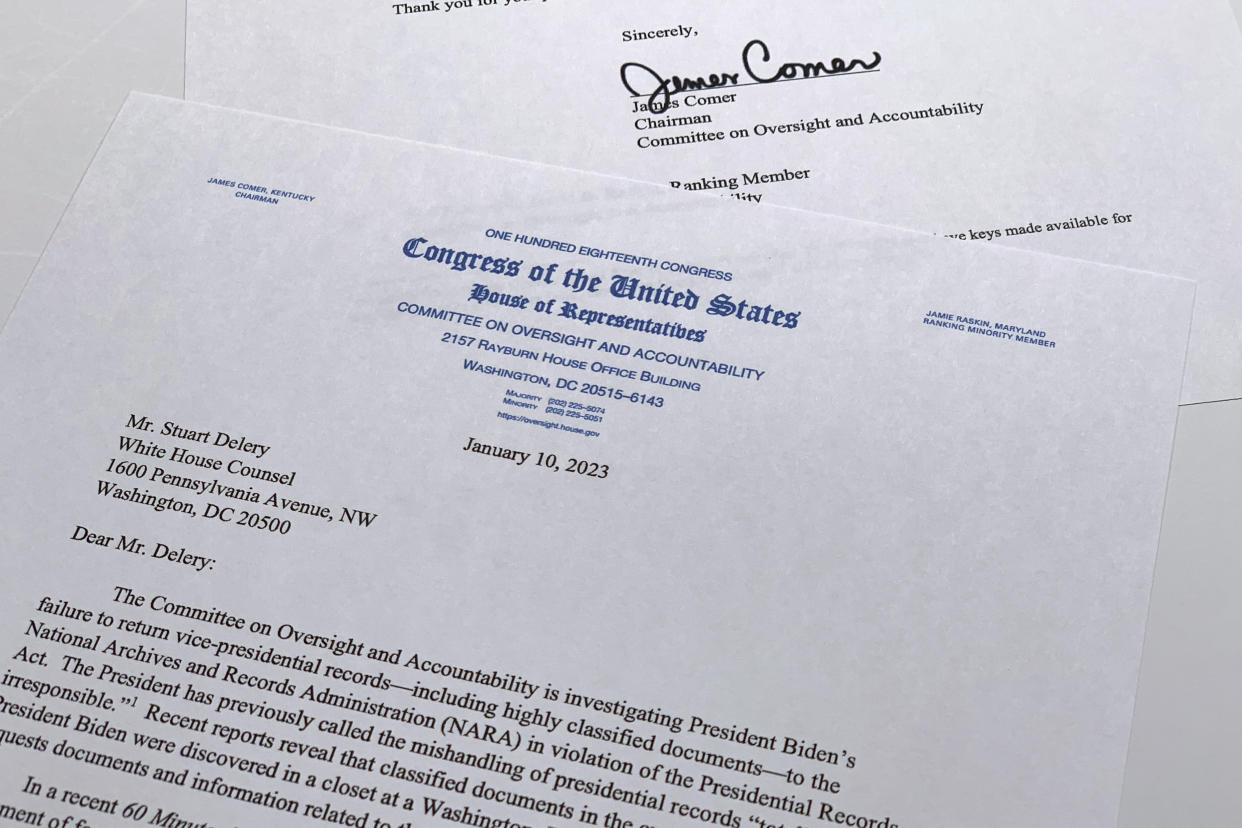 A letter from House Oversight Committee chairman James Comer, R-Ky.