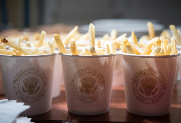 French fries are placed inside cups bearing the presidential seal at the White House