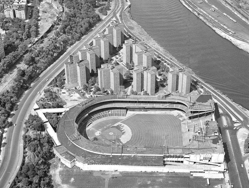 In this April 7, 1963 file photo,  an aerial view of New York's Polo Grounds home of the New York Mets is shown.