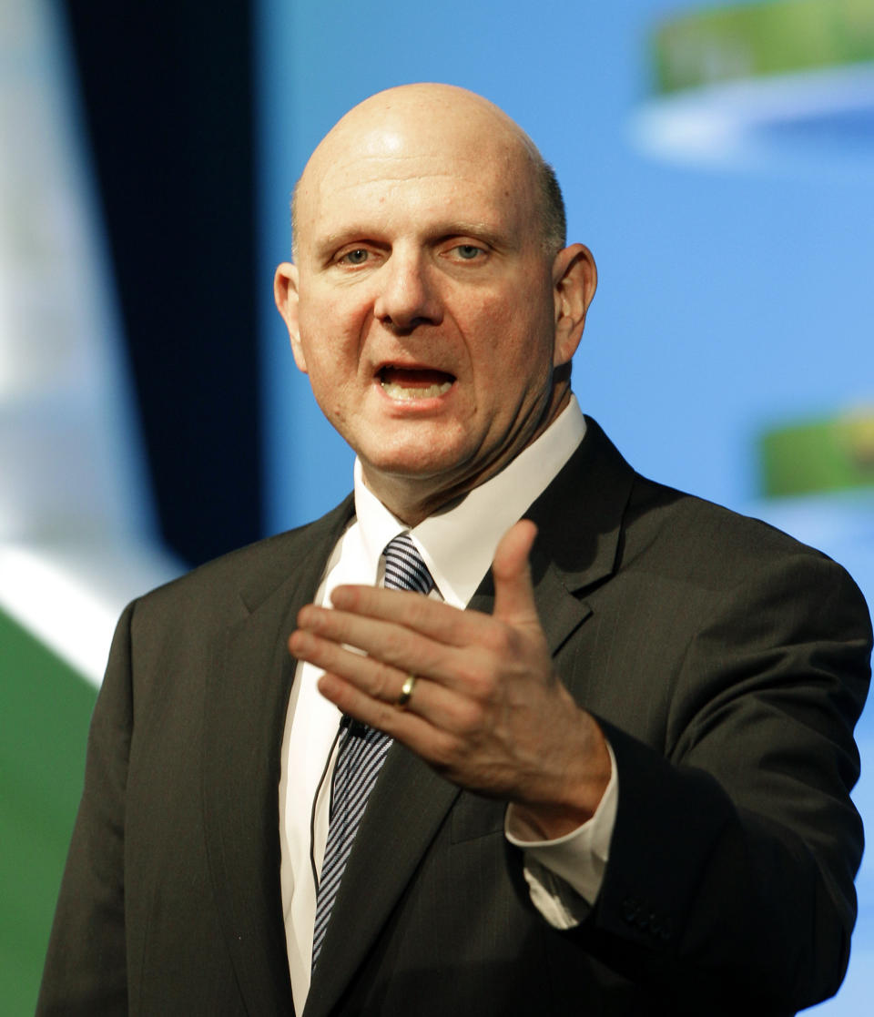 FILE - In this Tuesday, May 22, 2012, file photo, Microsoft CEO Steve Ballmer delivers a speech during a Seoul Digital Forum in Seoul, South Korea. Microsoft CEO Steve Ballmer can't afford to be wrong about Windows 8. If the dramatic overhaul of the Windows operating system flops, it will reinforce perceptions that Microsoft is falling behind other technology giants as the world moves on to smartphones, tablets and other sleek devices from Apple, Google and Amazon. If Ballmer is right, Windows 8 will show that the world's largest software maker still has the technological chops and marketing muscle to shape the future of computing. (AP Photo/Lee Jin-man)