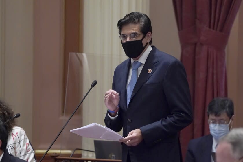 FILE - Democratic state Sen. Josh Becker, addresses the state Senate in Sacramento, Calif., Thursday, July 15, 2021. Becker announced, Wednesday, Jan. 5, 2022, that he tested positive for the corona virus the day after attending an event with other lawmakers. The Assembly and Senate told anyone who attended to ski session on Thursday, Jan. 6, 2022. (AP Photo/Rich Pedroncelli, File)