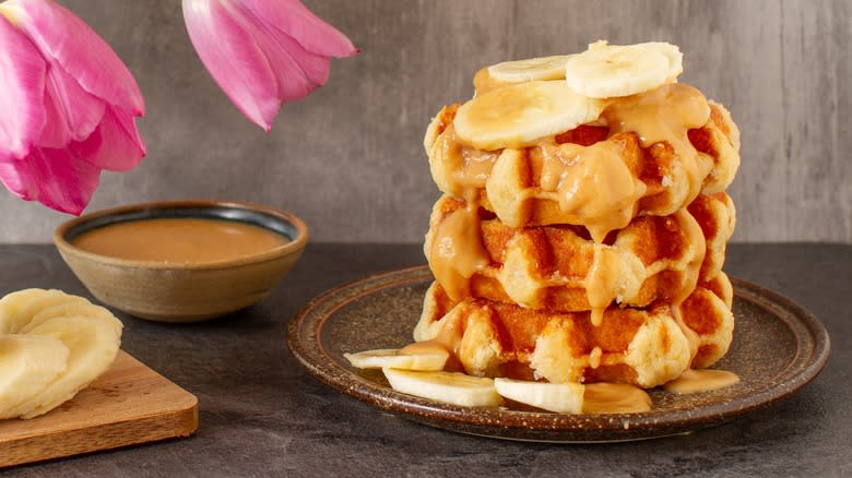 waffles topped with peanut butter syrup