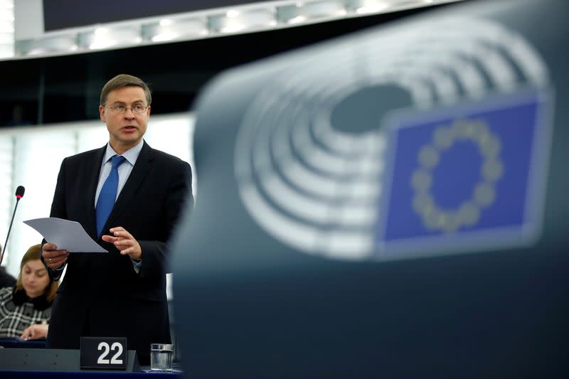 FILE PHOTO: European Commission Vice-President Valdis Dombrovskis presents the EU's Sustainable Investment Plan before the European Parliament in Strasbourg