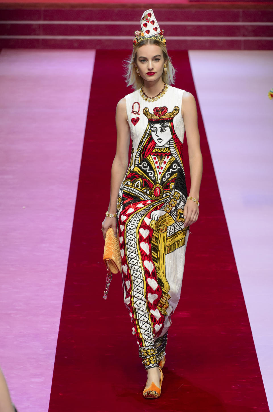 <p><i>“Queen of Hearts” sequined, embroidered dress from the SS18 Dolce & Gabbana collection. (Photo: ImaxTree) </i></p>