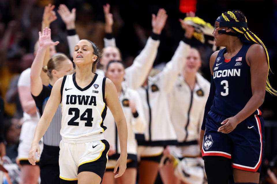 Iowa's Gabbie Marshall looks on after drawing a crucial foul against UConn's Aaliyah Edwards in the final seconds of Friday's Final Four game. (Gregory Shamus/Getty Images)