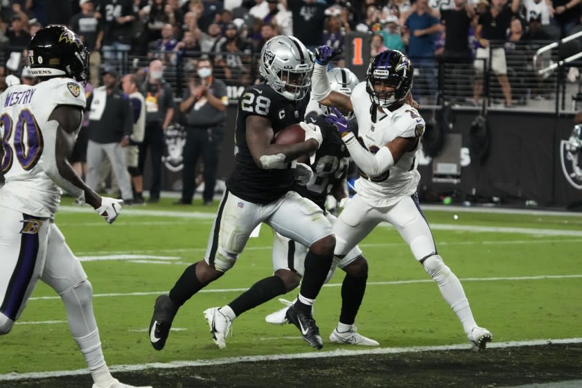 Las Vegas Raiders running back Josh Jacobs (28) during an NFL football game against the Baltimore Ravens, Monday, Sept. 13, 2021, in Las Vegas. (AP Photo/Rick Scuteri)