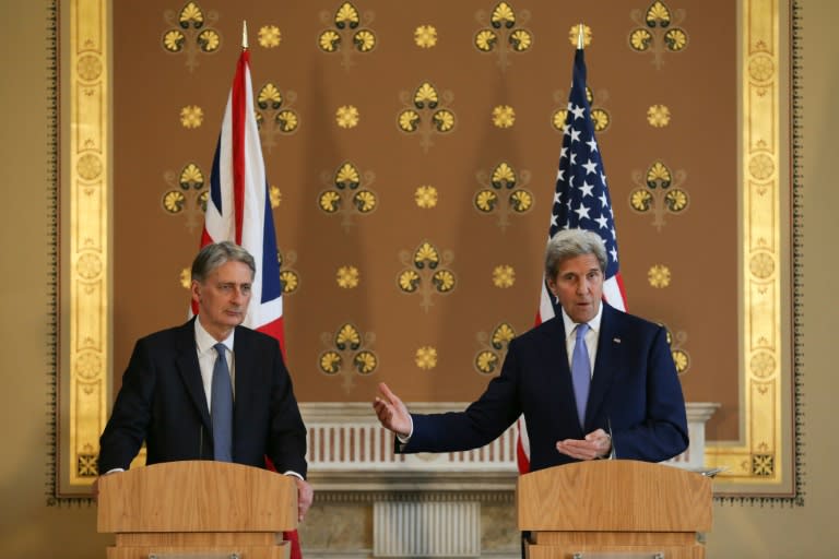 British Foreign Secretary Philip Hammond (L) and US Secretary of State John Kerry (R) hold a joint press conference after their meeting at the Foreign and Commonwealth Office (FCO) in central London on June 27, 2016
