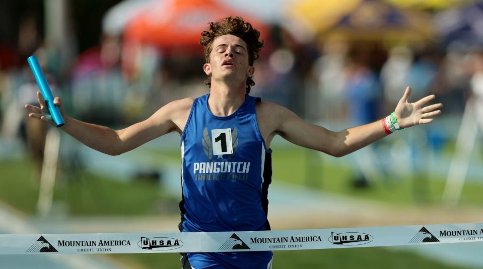 Panguitch’s Carter Yardley, begins the celebration as he crosses the finish line in the 4x400m race as High School athletes gather at BYU in Provo to compete for the state track and field championships on Saturday, May 20, 2023. | Scott G Winterton, Deseret News