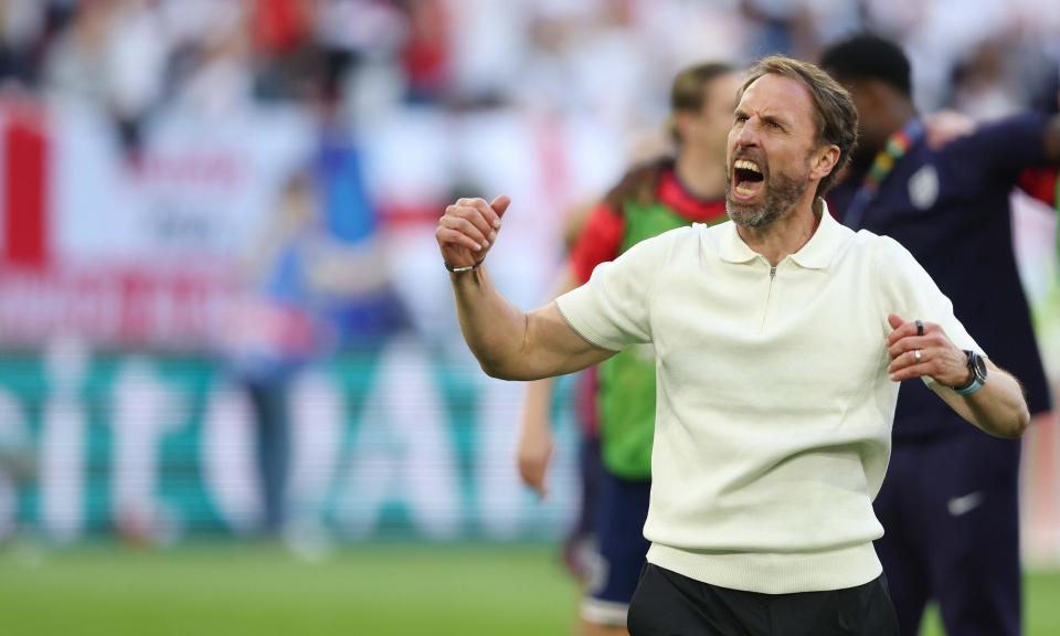 <span>Gareth Southgate punches the air in delight after a flawless shootout from England saw them progress to the semifinals of Euro 2024.</span><span>Photograph: Crystal Pix/MB Media/Getty Images</span>