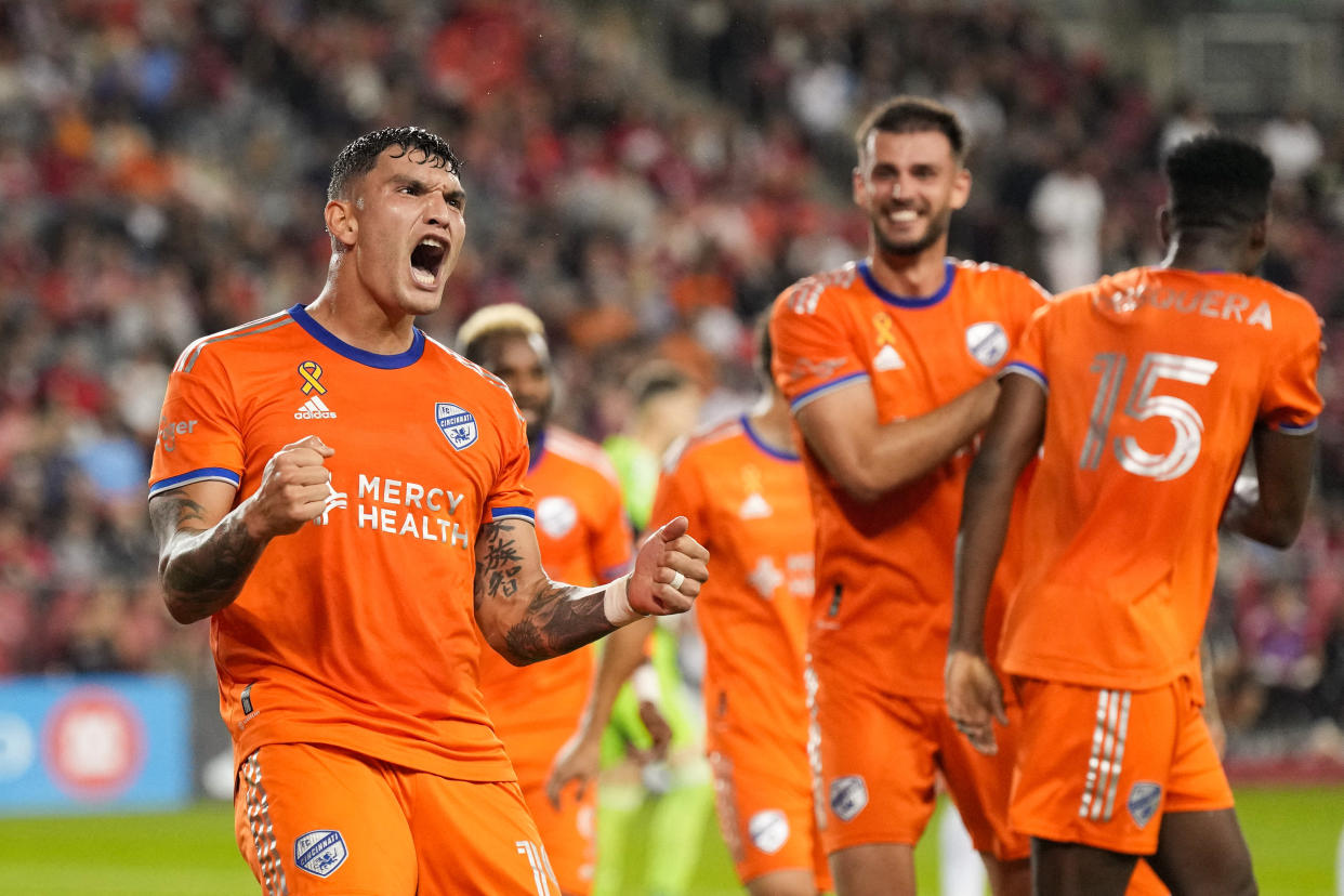 Sep 30, 2023; Toronto, Ontario, CAN; FC Cincinnati forward Brandon Vázquez (19) celebrates after scoring a goal against Toronto FC during the first half at BMO Field. Mandatory Credit: Nick Turchiaro-USA TODAY Sports