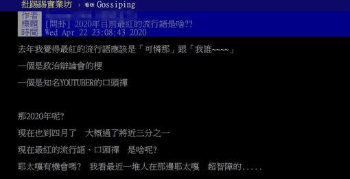 原PO想知道2020年目前最紅的流行語是什麼。（圖／翻攝自PTT）