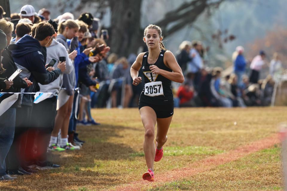 Tatnall Carlita Kaliher finishes the girls division II race at the DIAA Cross Country Championships on Saturday, Nov. 11, 2023; at Brandywine Creek State Park in Wilmington, DE.