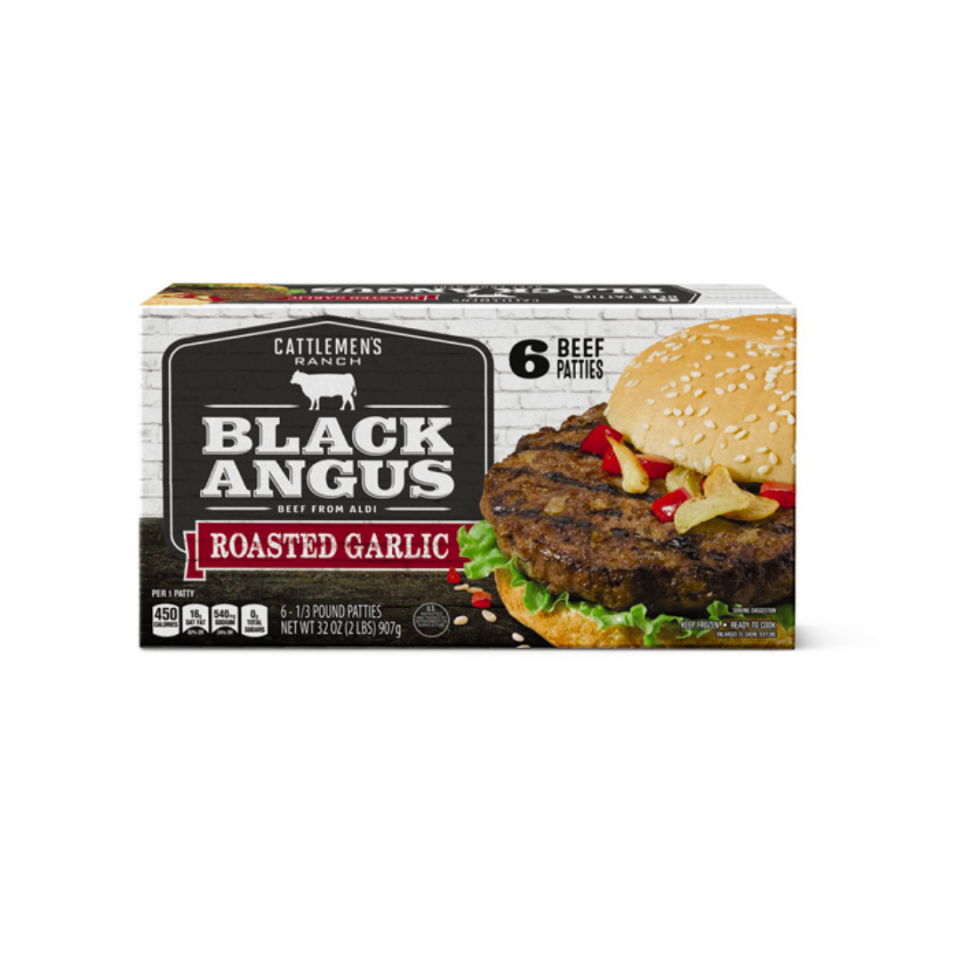 black and grey box of black angus beef burgers