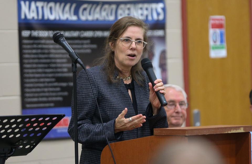 State Rep. Chris Campbell (D – West Lafayette), speaks to constituents regarding how she and her colleagues plan to address their concerns regarding Indiana’s Economic Development Corp.'s LEAP project, at the Lafayette Army National Reserve building, on Thursday, Oct. 19, 2023.