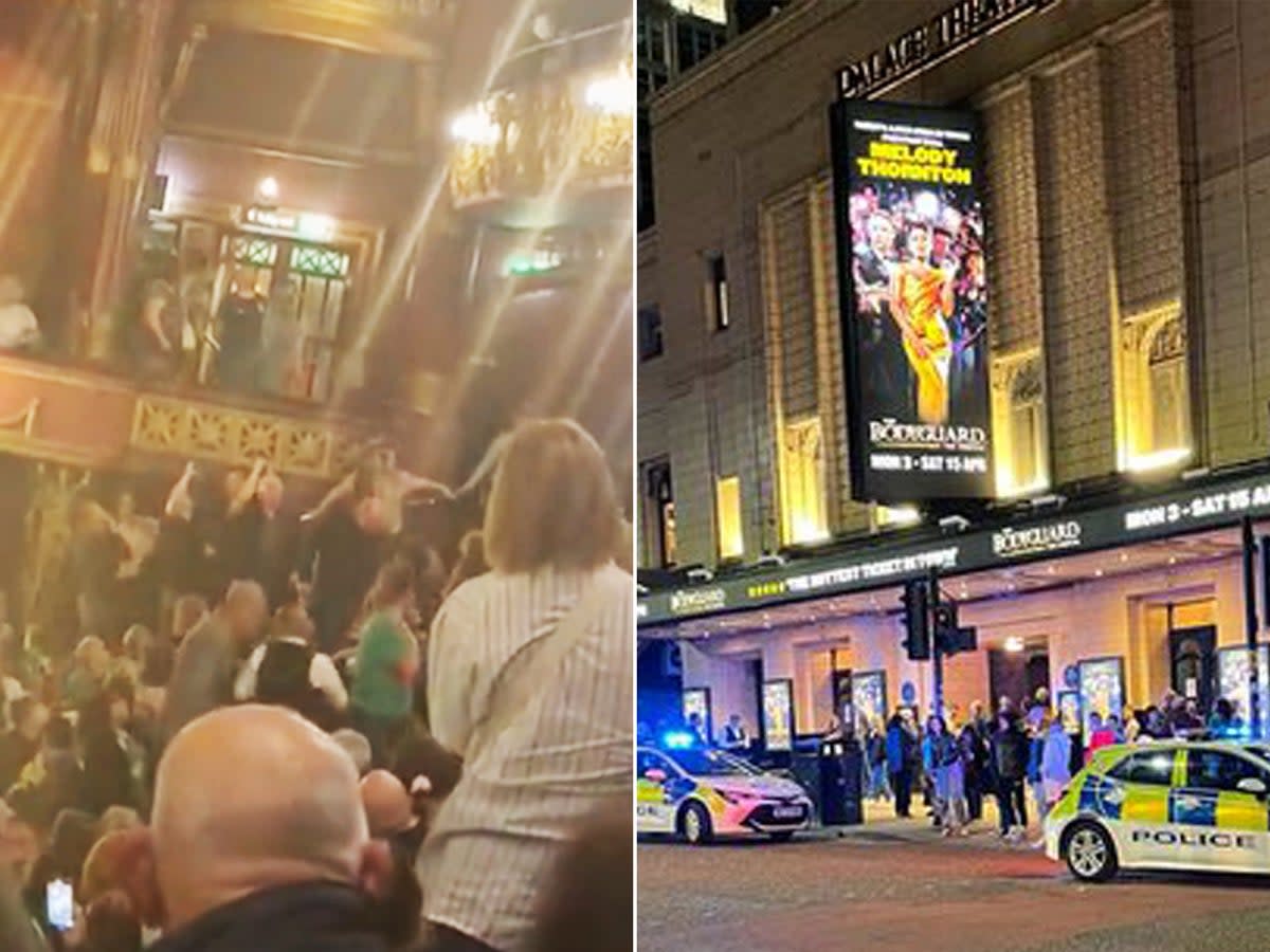 Left: Pandemonium in audience as performance stopped. Right: Police outside Palace Theatre after show  (Karl Bradley/PA)