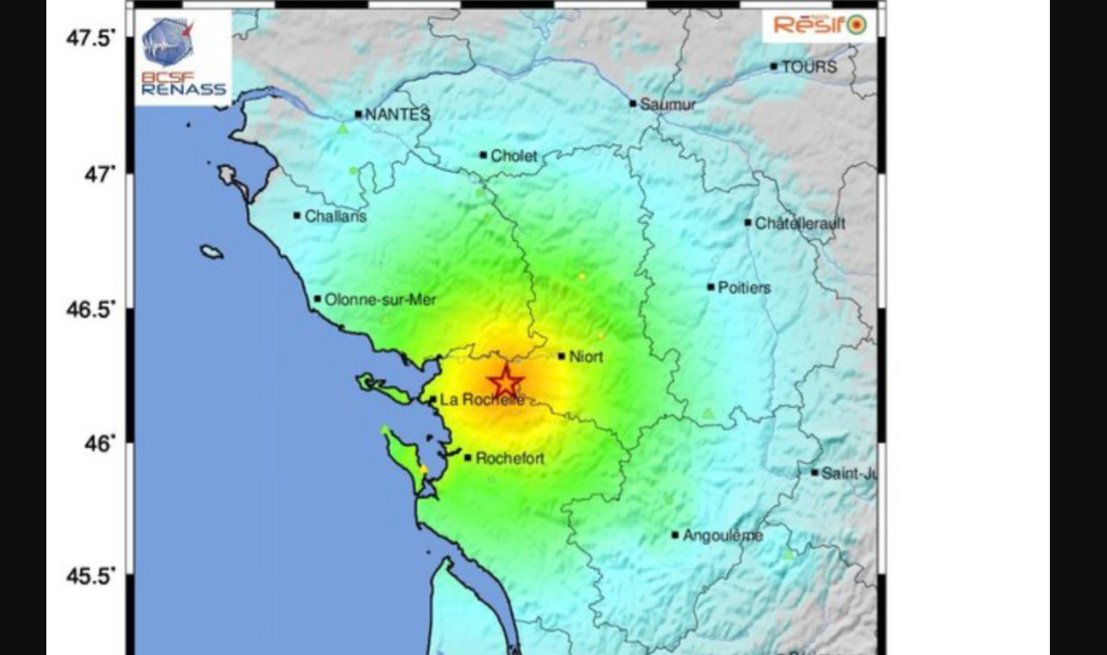 L’épicentre du séisme survenu en France vendredi 16 juin 2023, entre La Rochelle et Niort.