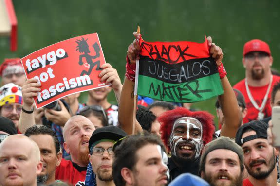 Fans of the US rap group Insane Clown Posse, known as Juggalos, protest on September 16, 2017 in front of the Lincoln Memorial in Washington, D.C. against a 2011 FBI decision to classify their movement as a gang. / AFP PHOTO / PAUL J. RICHARDS        (Photo credit should read PAUL J. RICHARDS/AFP/Getty Images)