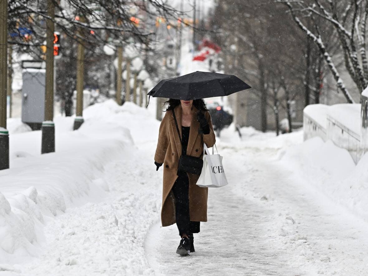 A pedestrian uses an umbrella to shield themselves from the snow. (Justin Tang/The Canadian Press - image credit)