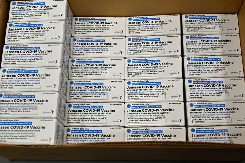 FILE PHOTO: Boxes of the Johnson & Johnson COVID-19 vaccine are seen at the McKesson Corporation, in Shepherdsville