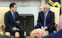 South KoreaÕs national security chief Chung Eui-yong briefs U.S. President Donald Trump at the Oval Office about his visit to North Korea, in Washington March 8, 2018. The Presidential Blue House/Yonhap via REUTERS