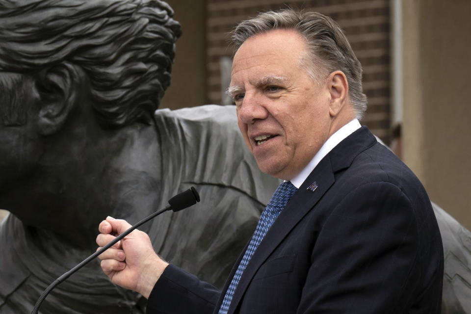 FILE - Quebec Premier Francois Legault delivers remarks during a ceremony, May 4, 2023, in Thurso, Quebec. Massachusetts legislators sent a letter to Legault questioning whether there will be enough electricity to power both the New England Clean Energy Connect line and the Champlain-Hudson Power Express line to New York City, which is currently under construction and expected to go into service in 2026, providing New York City with 20% of its power needs. (Adrian Wyld/The Canadian Press via AP)