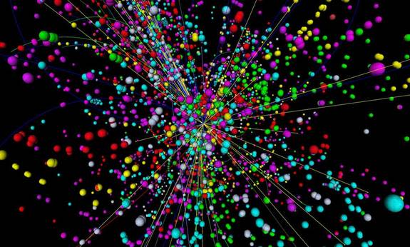 A simulation of a particle collision inside the Large Hadron Collider, the world's largest particle accelerator near Geneva, Switzerland. When two protons collide inside the machine, they create an energetic explosion that gives rise to new and