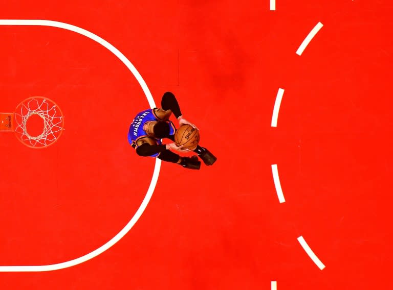 Russell Westbrook of the Oklahoma City Thunder dunks during a NBA game at Staples Center in Los Angeles, California, on January 16, 2017