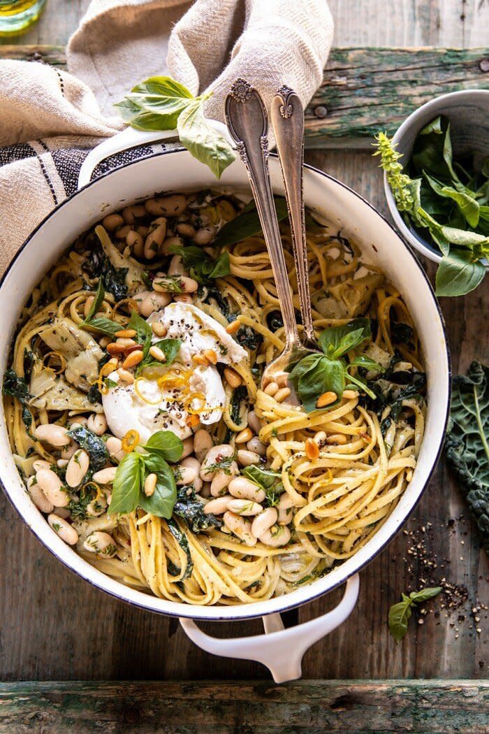 <strong><a href="https://www.halfbakedharvest.com/one-pot-creamy-tuscan-pesto-and-artichoke-pasta/" target="_blank" rel="noopener noreferrer">Get the One Pot Creamy Tuscan Pesto and Artichoke Pasta recipe from Half Baked Harvest﻿</a></strong>