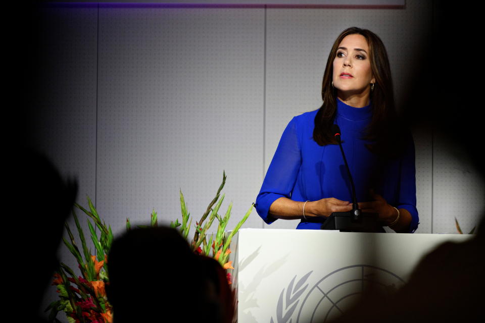 Danish Crown Princess Mary gives a speech addressing the current events in Afghanistan during the Human Rights Conference in UN City, Copenhagen, Denmark August 16, 2021.  Ritzau Scanpix/via REUTERS    ATTENTION EDITORS - THIS IMAGE WAS PROVIDED BY A THIRD PARTY. DENMARK OUT.