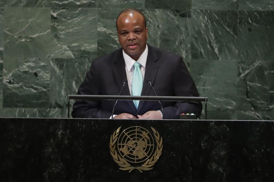 King Mswati III of Eswatini addresses the 73rd session of the United Nations General Assembly Wednesday, Sept. 26, 2018, at the United Nations headquarters. (AP Photo/Frank Franklin II)