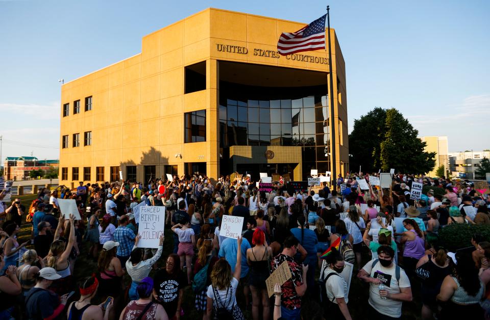 Abortion rights activists marched from the Park Central Square to the Federal Courthouse in Downtown Springfield on Friday, June 24, 2022 after the U.S. Supreme Court overturned Roe v. Wade. 