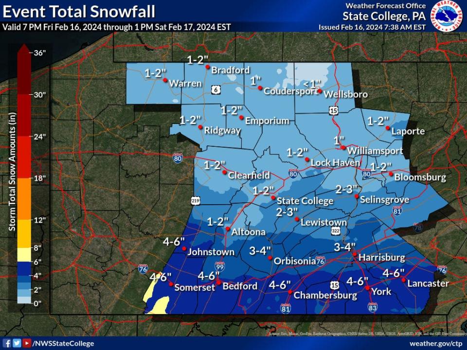 The National Weather Service's forecasted snow totals for Southcentral Pennsylvania for Feb. 16-17, 2024.