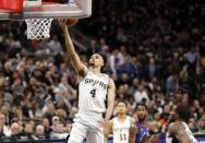 Apr 18, 2019; San Antonio, TX, USA; San Antonio Spurs point guard Derrick White (4) shoots the ball against the Denver Nuggets in game three of the first round of the 2019 NBA Playoffs at AT&T Center. Mandatory Credit: Soobum Im-USA TODAY Sports