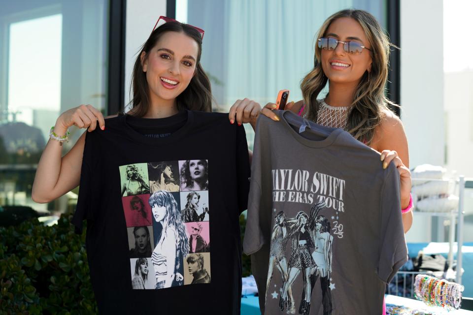 Swifties Alexia Umansky and Shelby Mo attend the SoFi Stadium Taylor Swift pre-party at The Shay on Aug. 7 in Culver City, Calif.