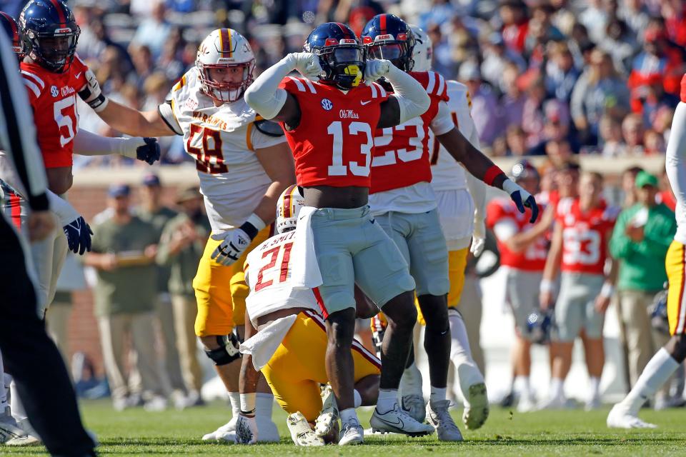 Nov 18, 2023; Oxford, Mississippi, USA; Mississippi Rebels defensive back Ladarius Tennison (13) reacts after a defensive stop during the first half against the Louisiana Monroe Warhawks at Vaught-Hemingway Stadium. Mandatory Credit: Petre Thomas-USA TODAY Sports