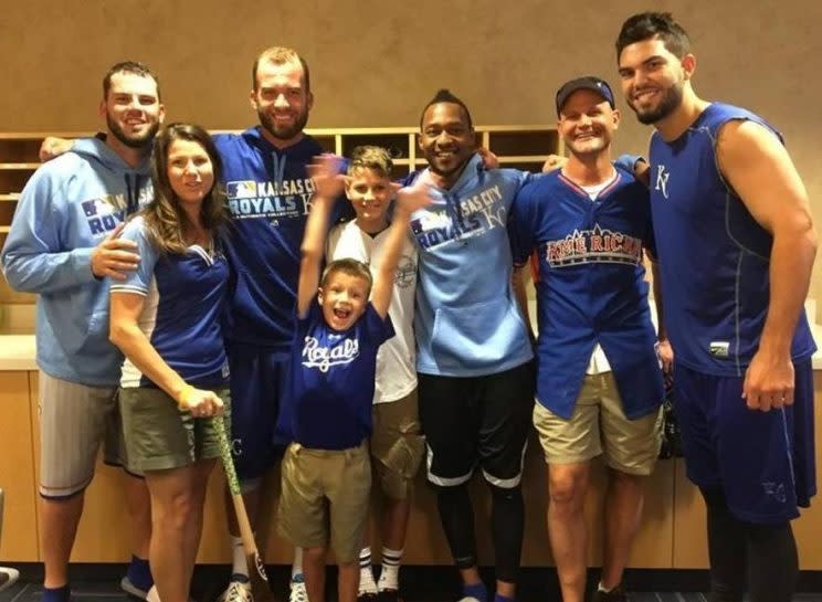 The Schwab family and the Kansas City Royals come together. Left to right: Mike Moustakas, Michelle Schwab, Danny Duffy, Alex and Nathan Schwab, Jarrod Dyson, Scott Schwab and Eric Hosmer. (Kansas City Star) 