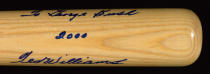 A Ted Williams autographed Louisville Slugger model bat signed, "To George Bush 2000 Ted Williams" in blue sharpie on the back of the barrel.