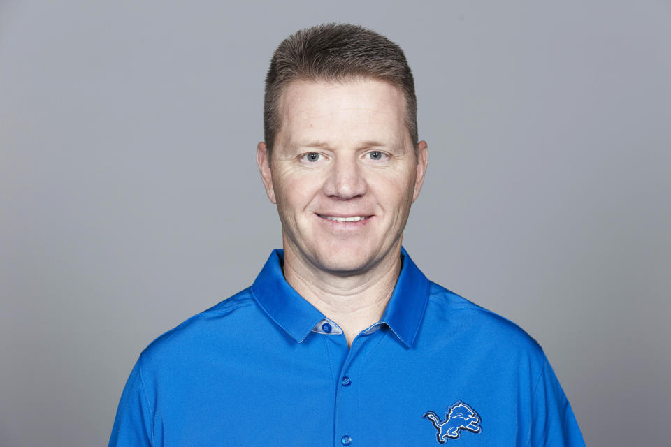 FILE - This 2019 file photo shows Darrell Bevell of the Detroit Lions NFL football team. Detroit fired special teams coordinator Brayden Coombs on Monday, Dec. 21, 2020 three plus weeks after parting ways with general manager Bob Quinn and coach Matt Patricia. The Lions announced their latest move a day after falling to 1-2 under interim coach Darrell Bevell and 5-9 overall this season. (AP Photo)